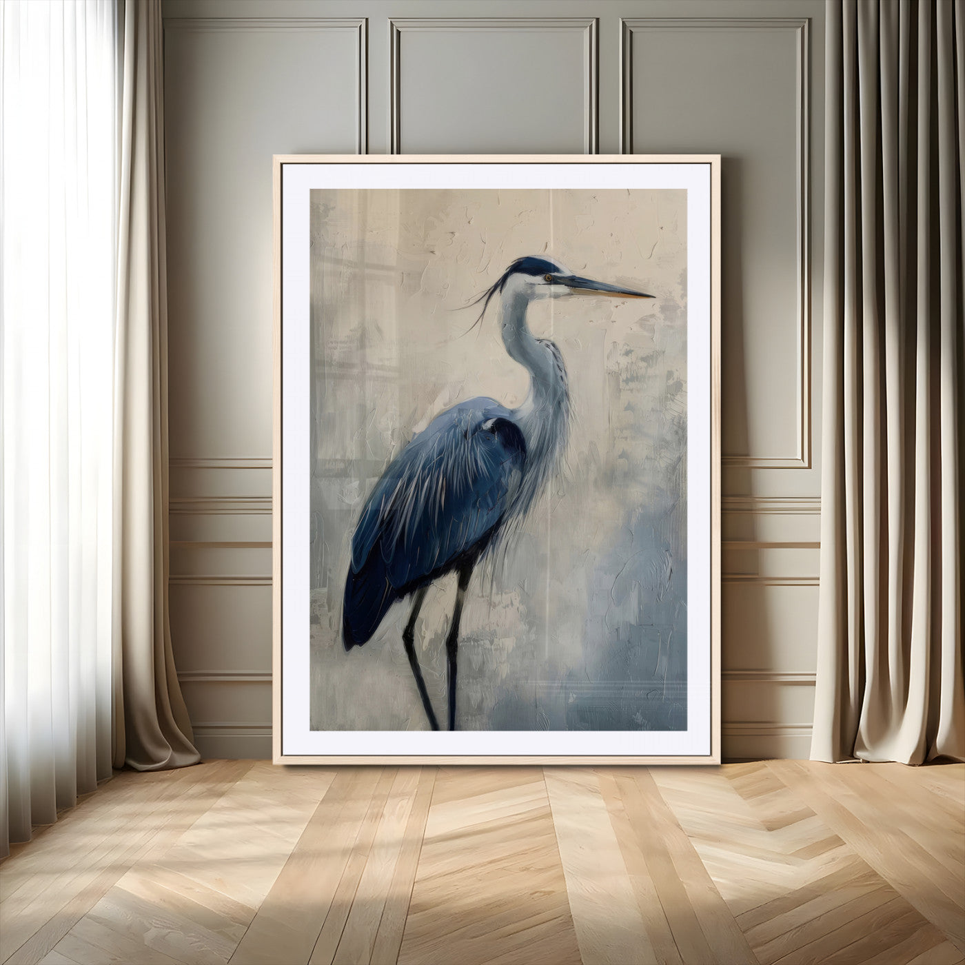 Blue heron standing gracefully on one leg, painted in soft neutrals and cool tones, perfect for modern coastal or nature-inspired decor.