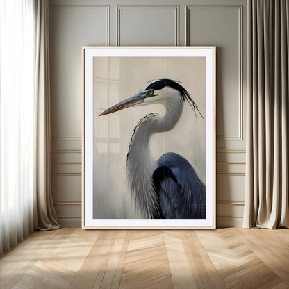 Single blue heron in profile with soft feathers and neutral tones, ideal for tranquil, coastal or nature-inspired interior settings.