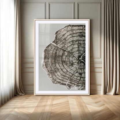 A close-up tree ring cross-section with neutral tones and organic texture, perfect for rustic, modern, or minimalist interior wall decor.