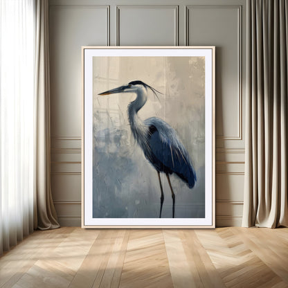 Elegant heron bird standing tall with soft brushstroke texture and muted tones, perfect for coastal or nature-themed home decor.