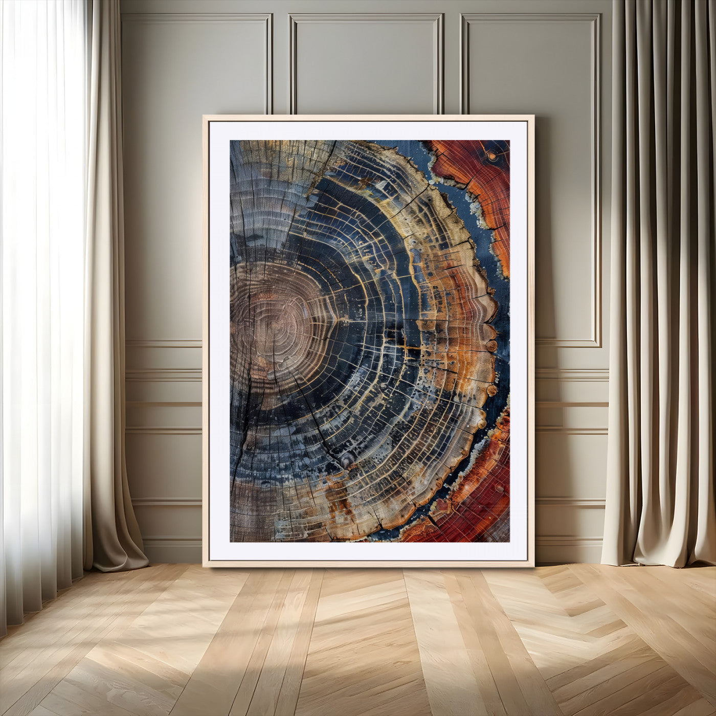 Close-up of a tree ring cross-section showing detailed growth rings in earthy tones, perfect for rustic or nature-inspired home decor.