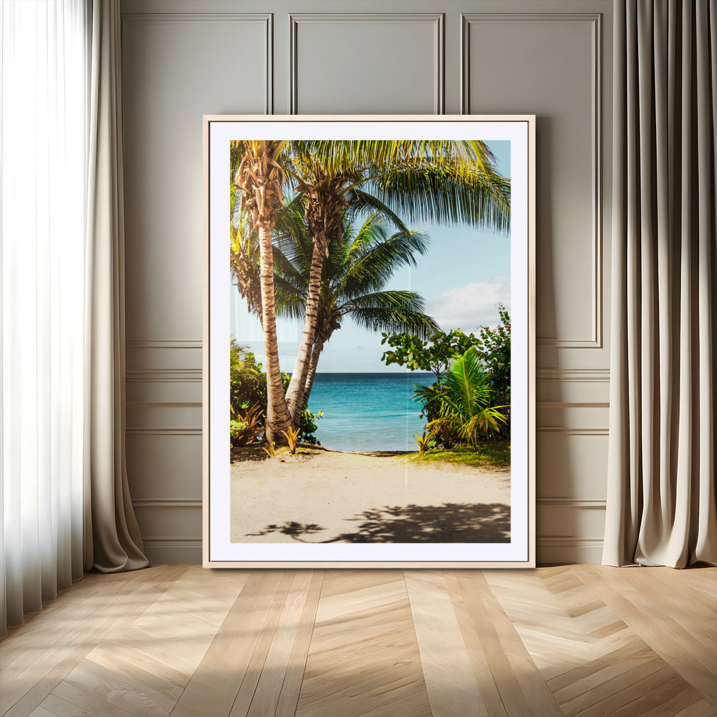 Tropical beach with palm trees, blue ocean, and clear sky, perfect for coastal or beach-themed wall decor in sunny living spaces.