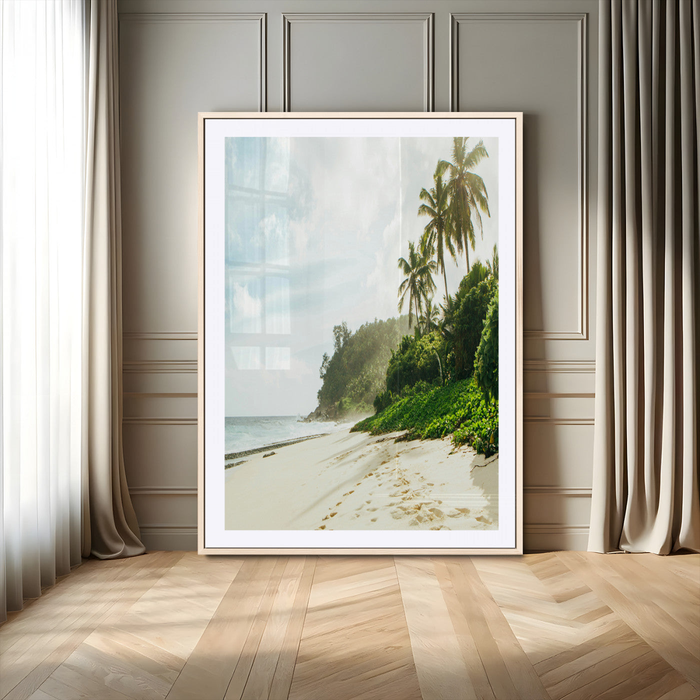 A tropical beach with palm trees, soft sand, and ocean waves under a bright sky, creating a peaceful and relaxing coastal view.