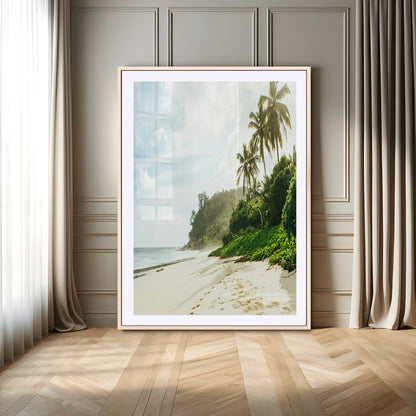 A tropical beach with palm trees, soft sand, and ocean waves under a bright sky, creating a peaceful and relaxing coastal view.