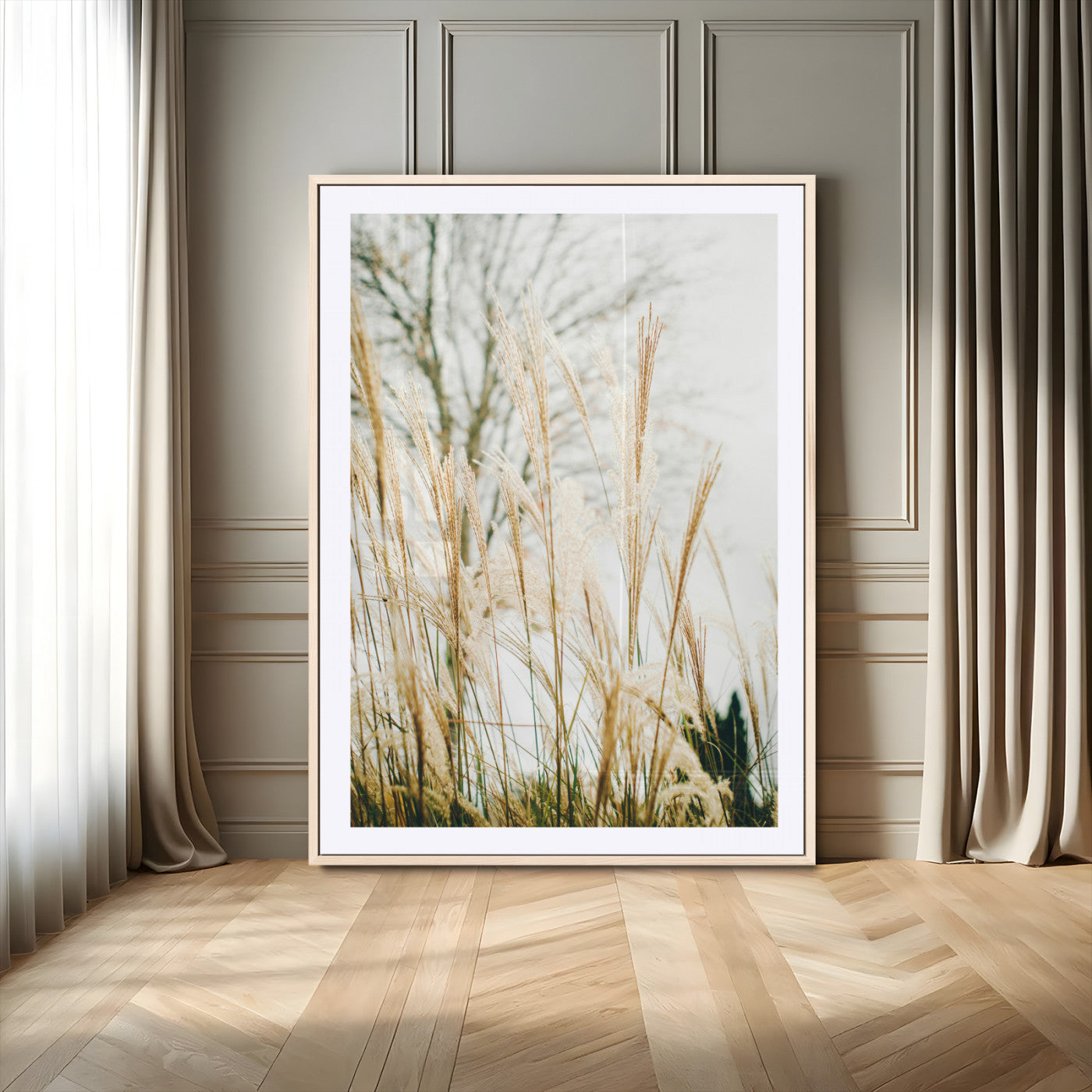 Soft beige pampas grass swaying in the breeze against a muted sky, creating a tranquil and minimalist botanical aesthetic.