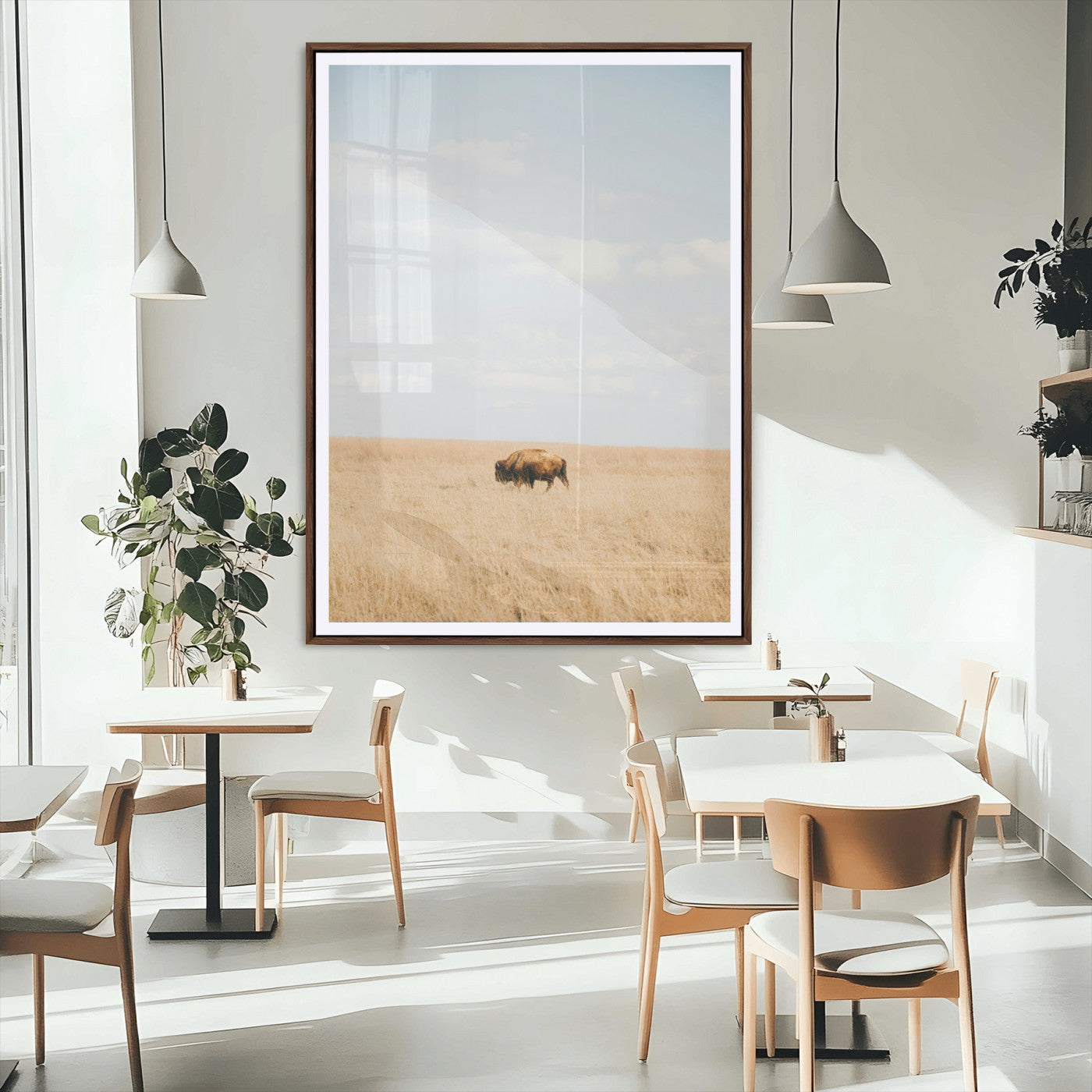Minimalist Nature Wall Art Canvas Print, Framed Bison In Grassland Art Picture Print, Open Field Perfect Modern Ranch Decor Decor Artwork