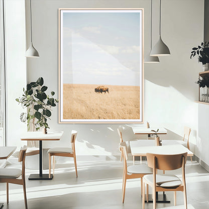 Minimalist Nature Wall Art Canvas Print, Framed Bison In Grassland Art Picture Print, Open Field Perfect Modern Ranch Decor Decor Artwork
