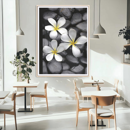 Large Wall Art White Flowers on Black Zen Meditation Stones Vertical Canvas Print