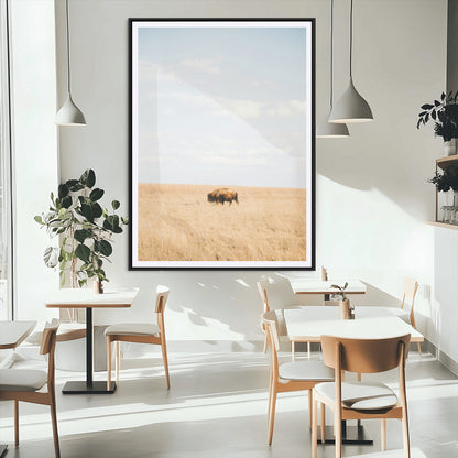 Minimalist Nature Wall Art Canvas Print, Framed Bison In Grassland Art Picture Print, Open Field Perfect Modern Ranch Decor Decor Artwork
