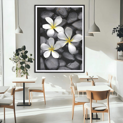 Large Wall Art White Flowers on Black Zen Meditation Stones Vertical Canvas Print