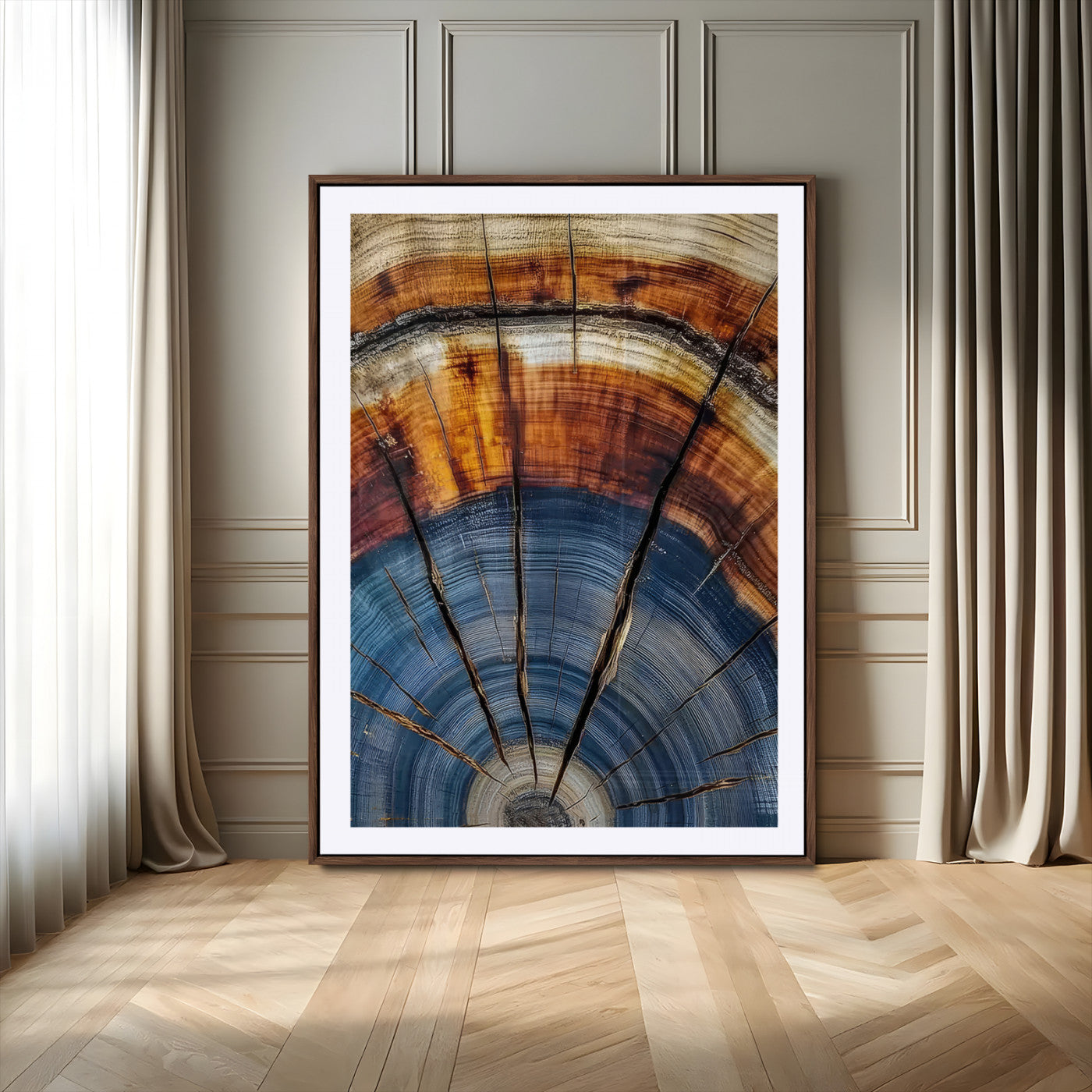 Canvas of a tree ring with bold blue and orange hues and cracked radial lines, ideal for rustic or earthy modern interiors.