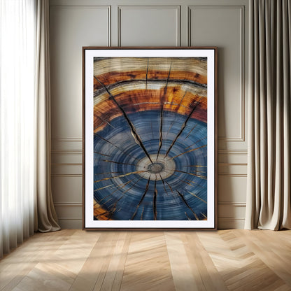 Canvas of a tree ring with bold blue and orange hues and cracked radial lines, ideal for rustic or earthy modern interiors.