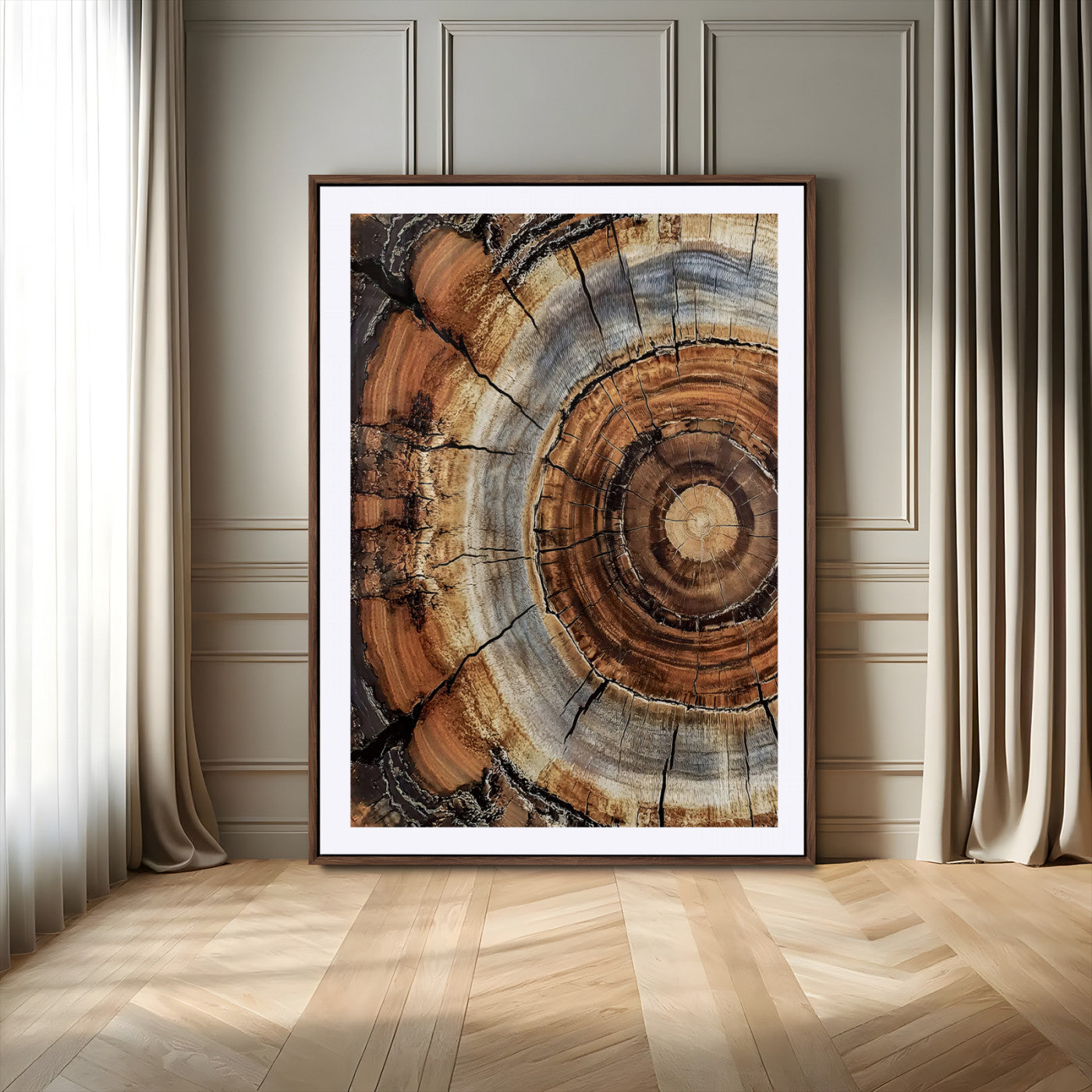 Canvas of tree rings and natural wood grain in earthy tones, ideal for rustic or vintage-inspired home decor with organic textures.