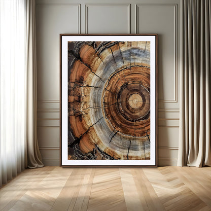 Canvas of tree rings and natural wood grain in earthy tones, ideal for rustic or vintage-inspired home decor with organic textures.
