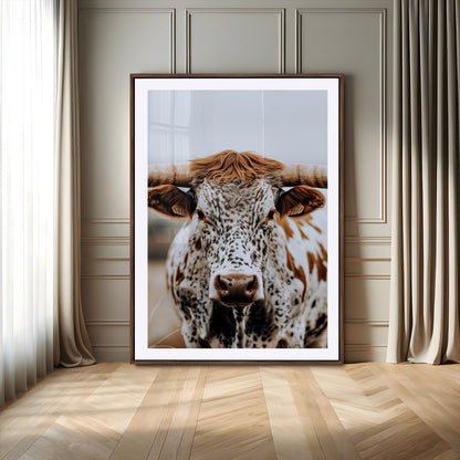 Close-up of a speckled Texas longhorn with wide horns and a bold gaze, perfect for rustic or country-style decor in warm tones.