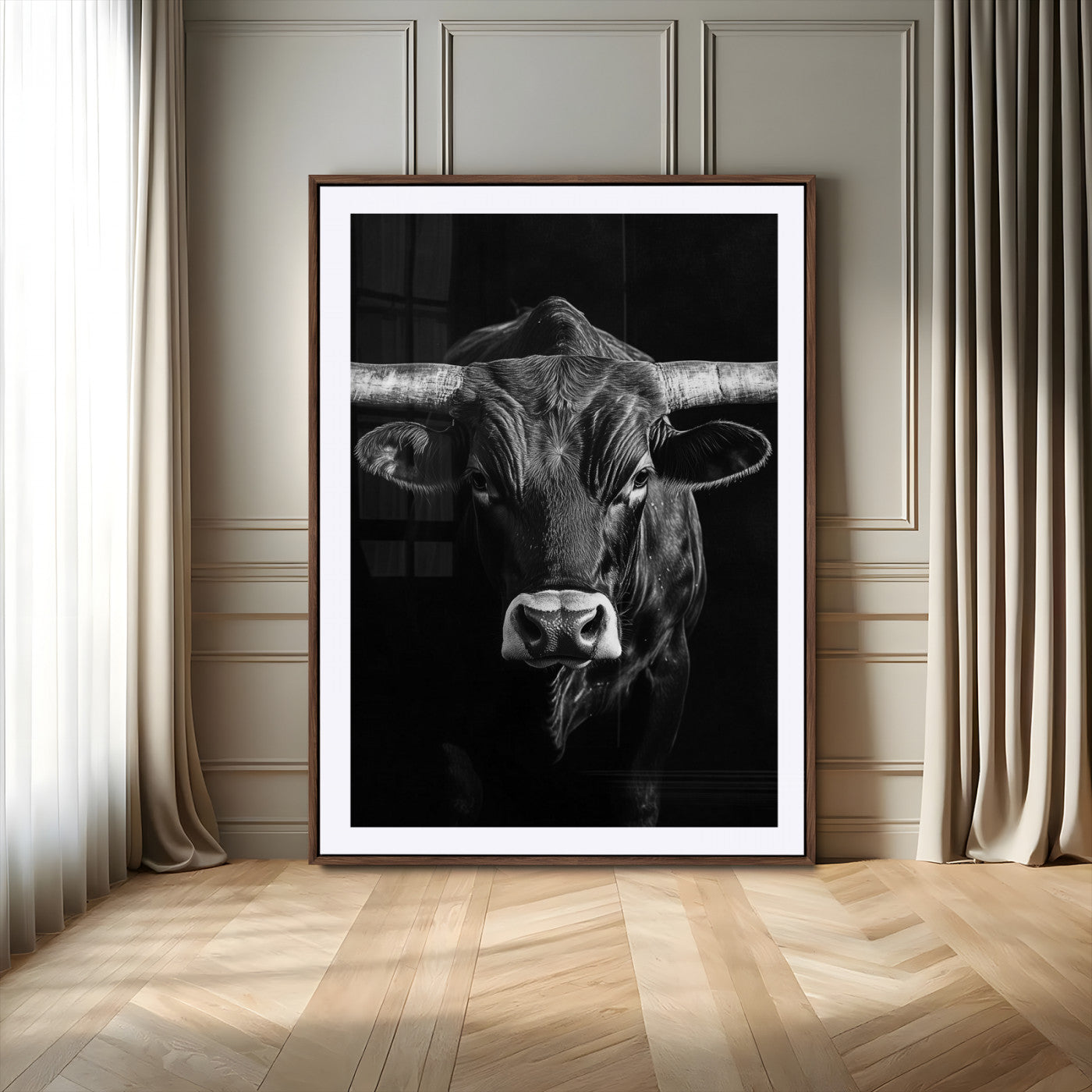Canvas of a Texas longhorn in black and white with dramatic lighting and bold contrast, ideal for rustic or modern western wall decor.