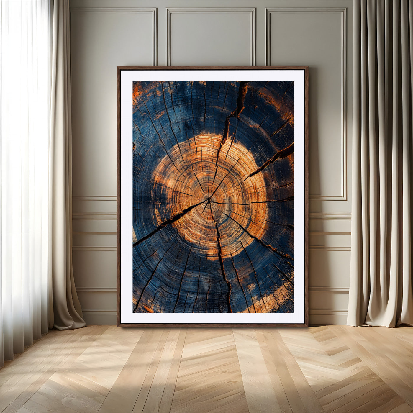 Close-up canvas of tree rings with burnt orange and deep blue tones, perfect for rustic or earthy-themed home decor.