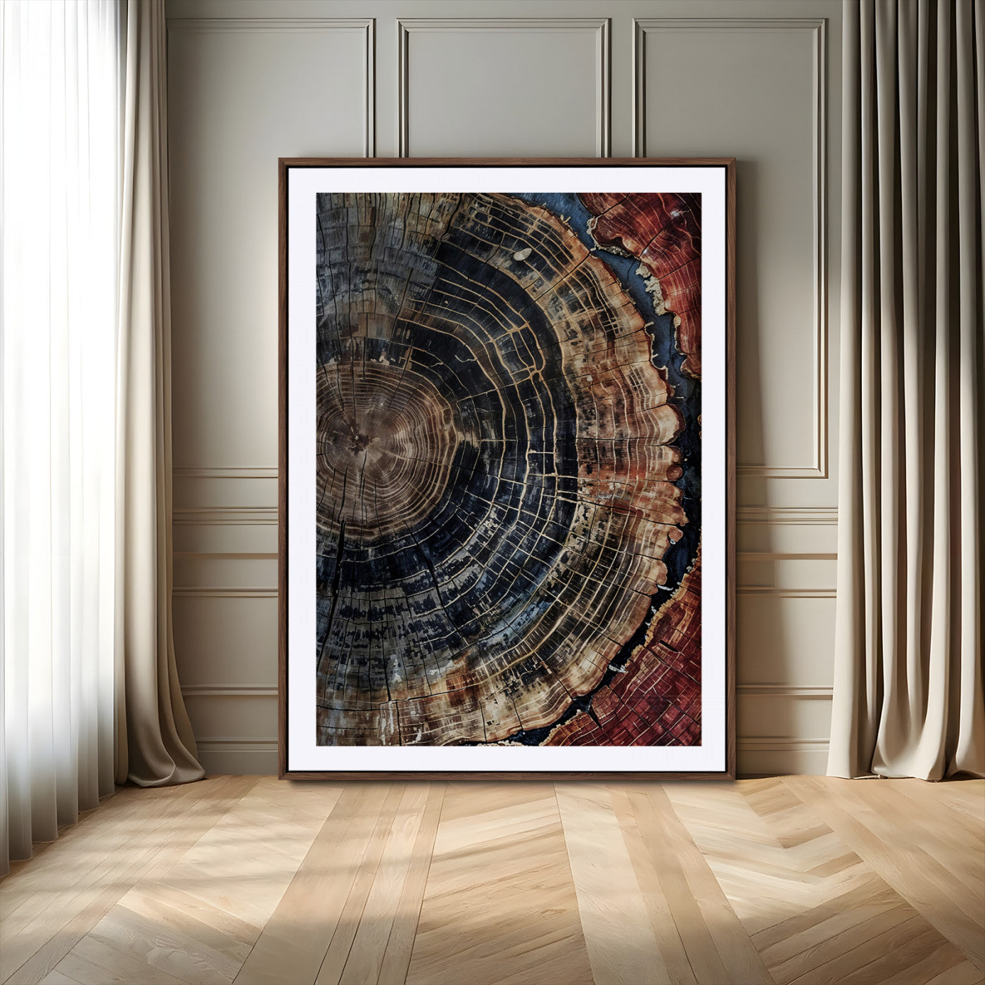 Rustic canvas featuring detailed tree rings and dark earthy tones, ideal for moody wood or organic nature-inspired home decor.
