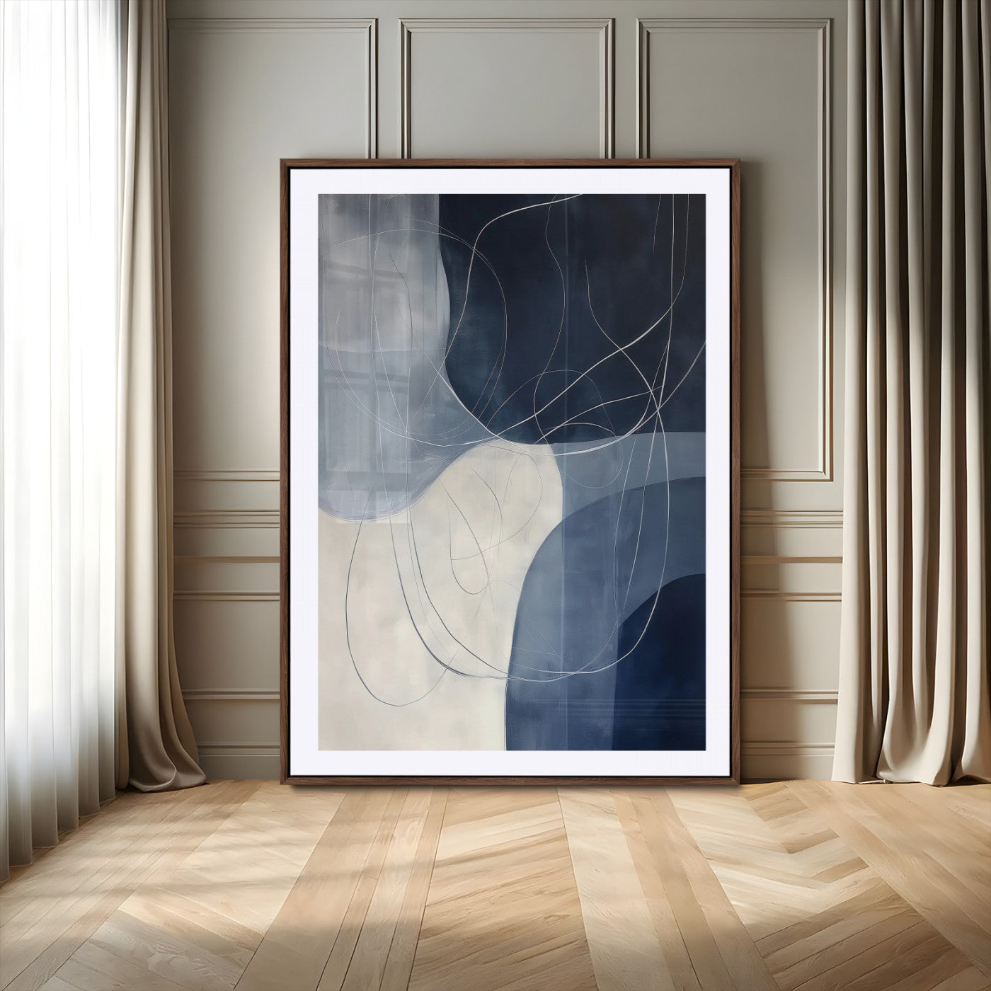 Contemporary abstract canvas with navy, grey, and white curved forms and fine line details, ideal for minimalist or modern interiors.