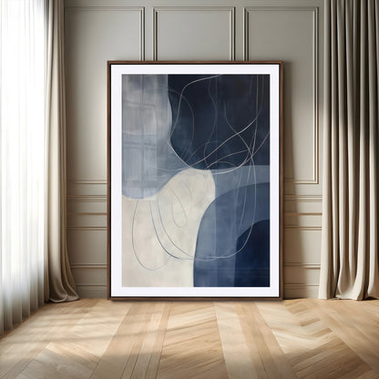Contemporary abstract canvas with navy, grey, and white curved forms and fine line details, ideal for minimalist or modern interiors.