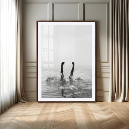 Black and white ocean art featuring a swimmer's legs mid-splash, perfect for minimalist, coastal, or monochrome modern interiors.