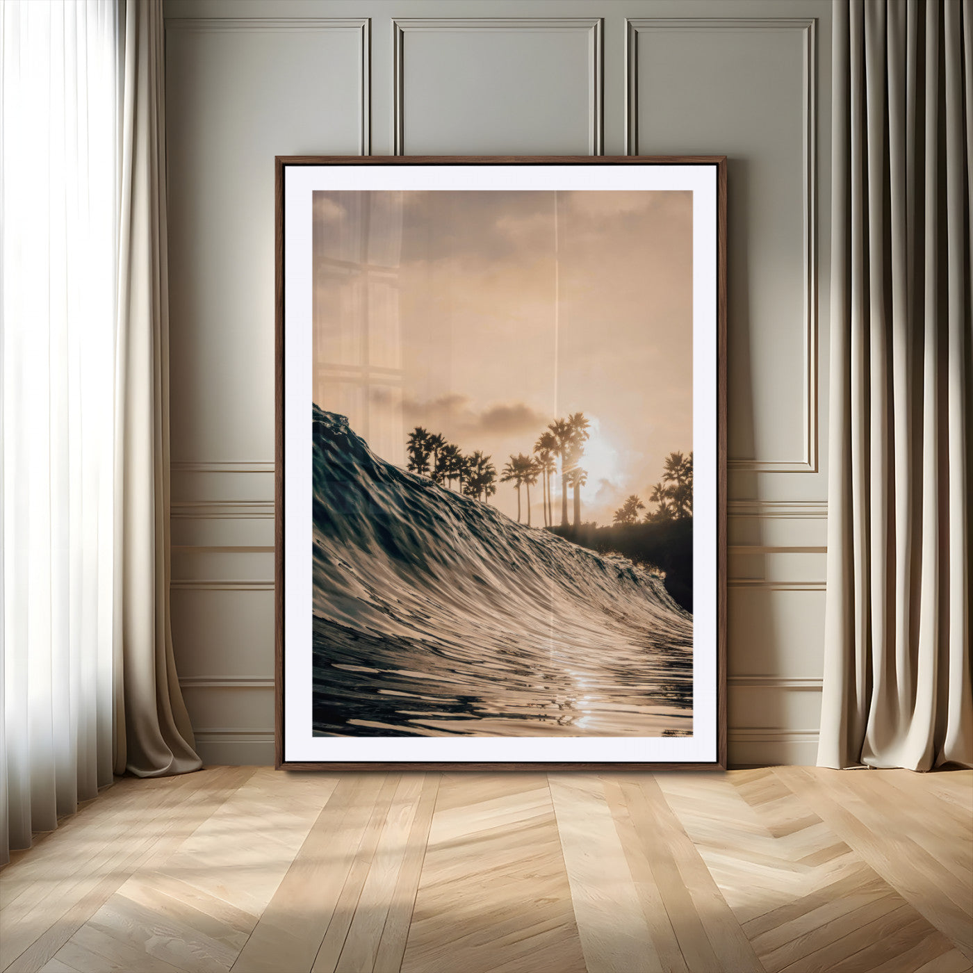 Golden sunset view of an ocean wave curling near palm trees, radiating warm tones perfect for coastal or tropical-themed decor.