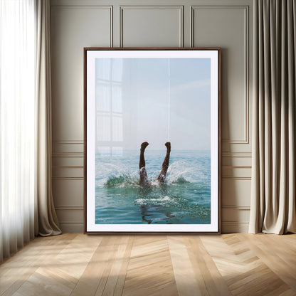 Vibrant ocean canvas of a playful diving splash, ideal for coastal or beach-themed interiors with a lively summer vibe.