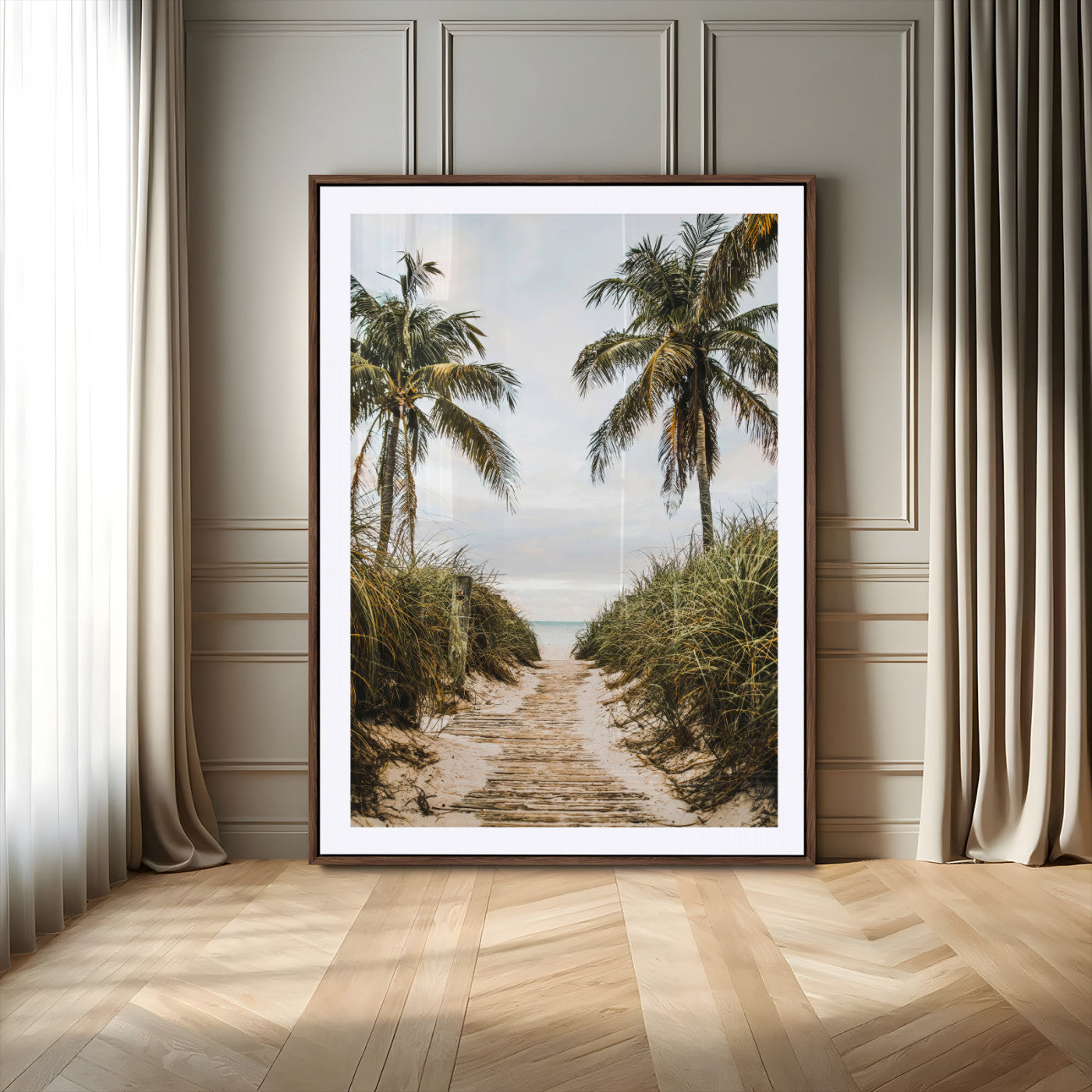 Canvas wall art of a tropical beach path with palm trees and dune grass, ideal for coastal entryways or tropical-inspired home decor.