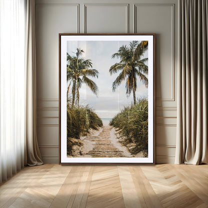 Canvas wall art of a tropical beach path with palm trees and dune grass, ideal for coastal entryways or tropical-inspired home decor.