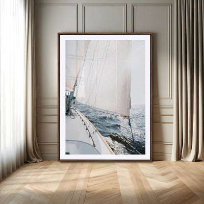 Canvas of a sailboat gliding on a sunlit ocean with white sails and sparkling water, ideal for coastal minimalist or nautical-style home decor.