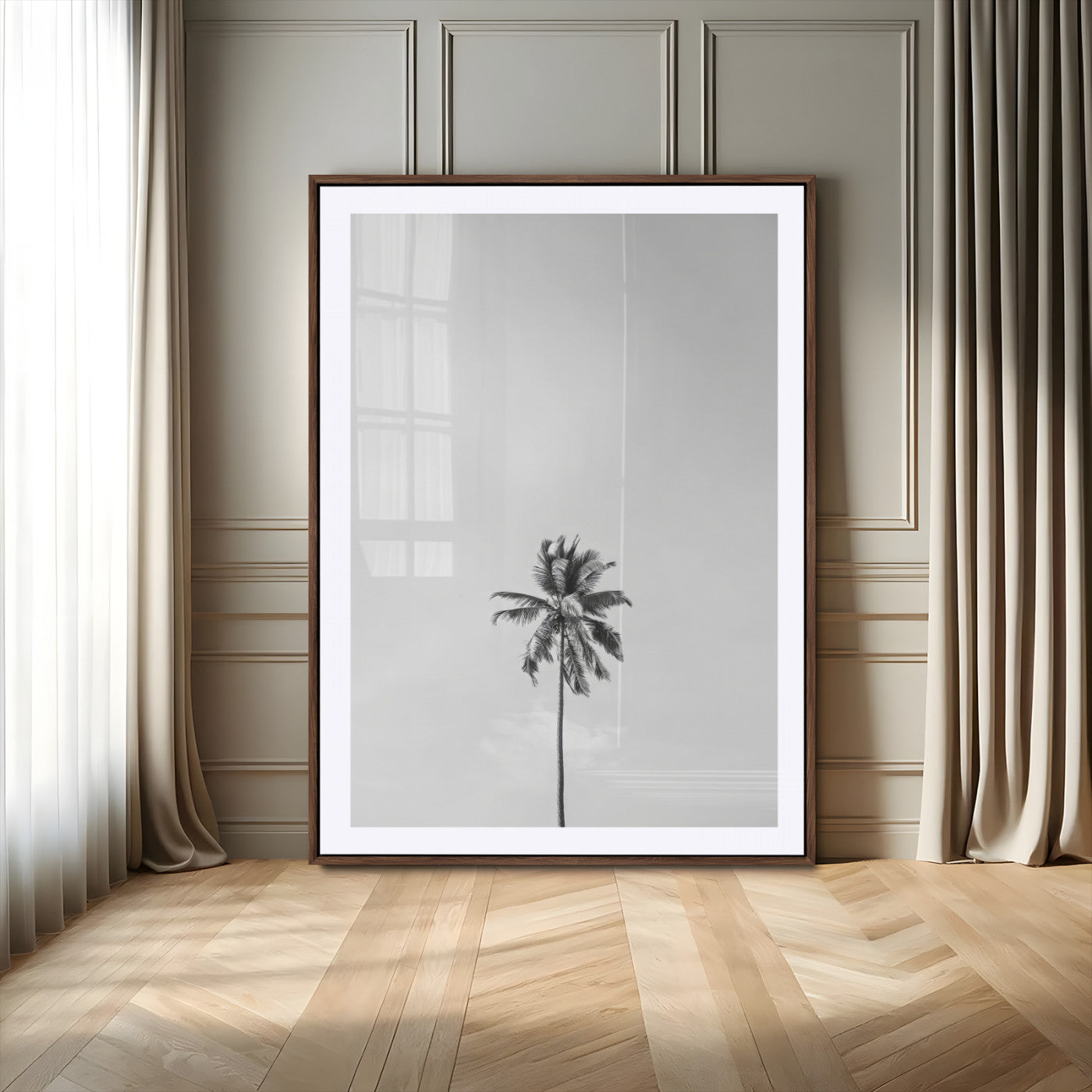 Canvas of a single palm tree in black and white with minimalist sky, ideal for modern coastal minimalist or tropical-inspired home decor.