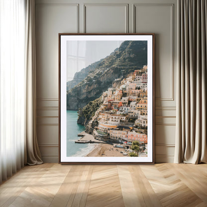 Canvas of colorful cliffside homes in Positano along the Amalfi Coast with warm tones, perfect for Mediterranean coastal or European-inspired home decor.