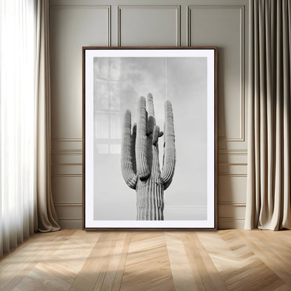 Canvas of a tall saguaro cactus in black and white with moody tones, perfect for southwestern minimalist or modern desert-themed home decor.