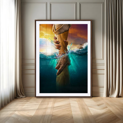 A dramatic scene of a hand reaching underwater and being lifted, symbolizing rescue and faith, ideal for spiritual or Christian wall decor.