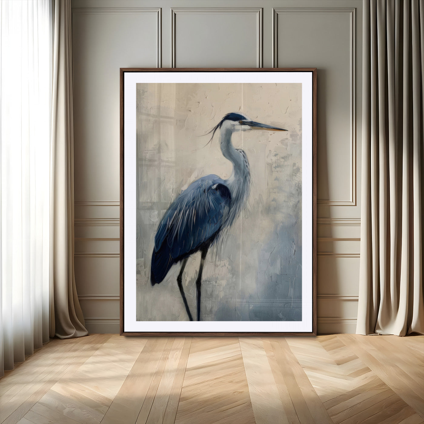 Blue heron standing gracefully on one leg, painted in soft neutrals and cool tones, perfect for modern coastal or nature-inspired decor.