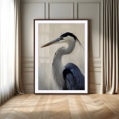 Single blue heron in profile with soft feathers and neutral tones, ideal for tranquil, coastal or nature-inspired interior settings.