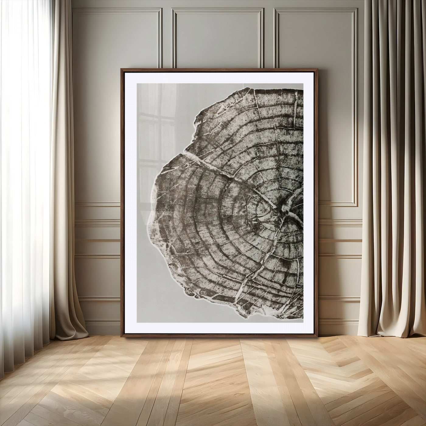 A close-up tree ring cross-section with neutral tones and organic texture, perfect for rustic, modern, or minimalist interior wall decor.