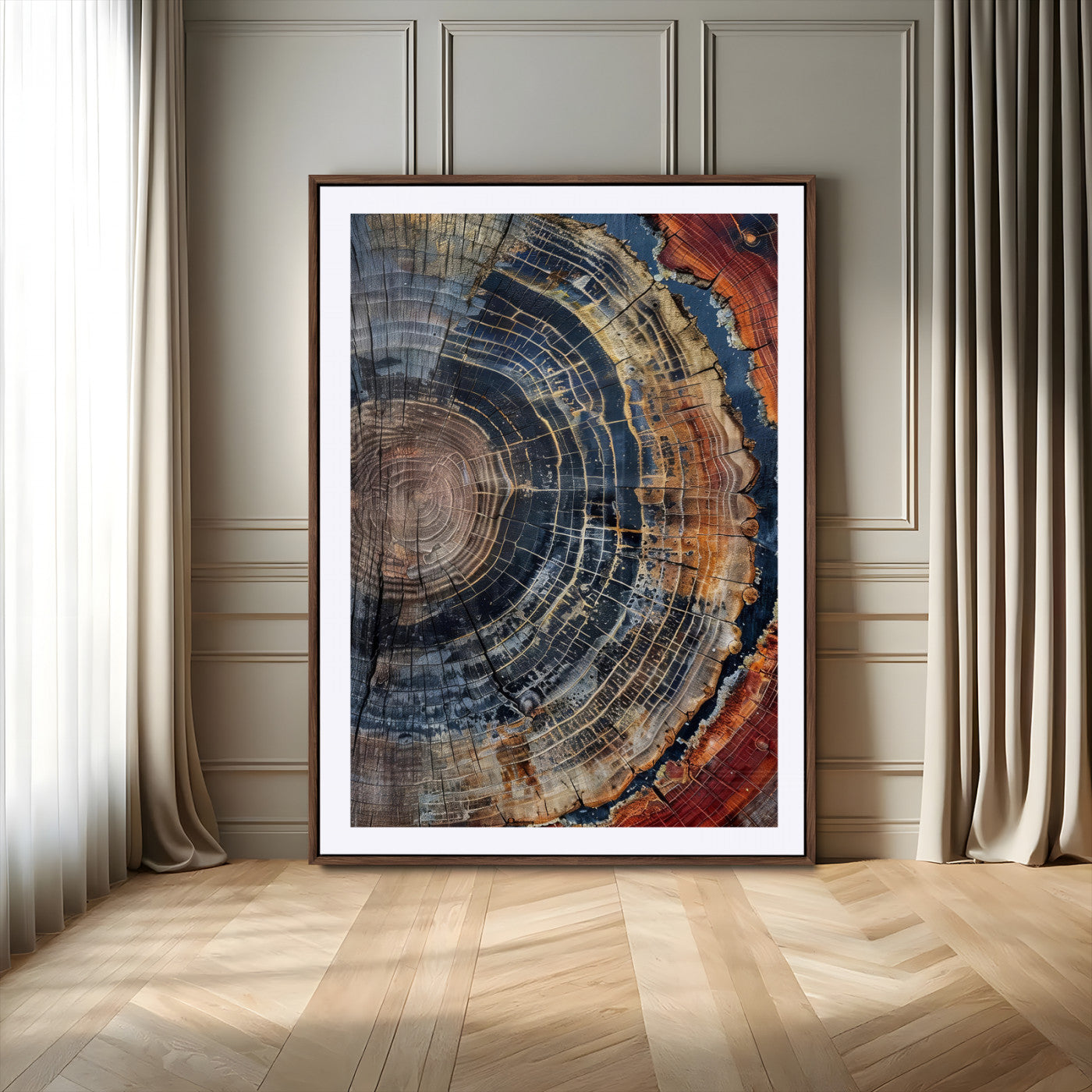 Close-up of a tree ring cross-section showing detailed growth rings in earthy tones, perfect for rustic or nature-inspired home decor.