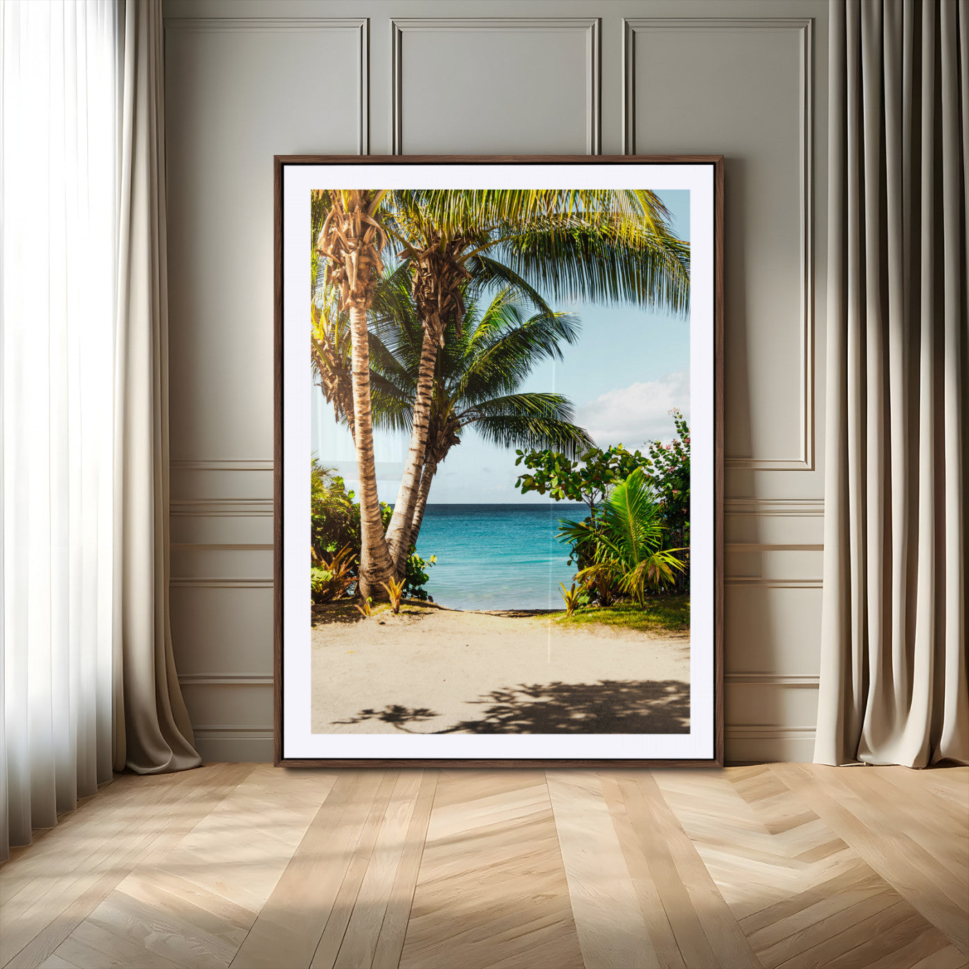 Tropical beach with palm trees, blue ocean, and clear sky, perfect for coastal or beach-themed wall decor in sunny living spaces.
