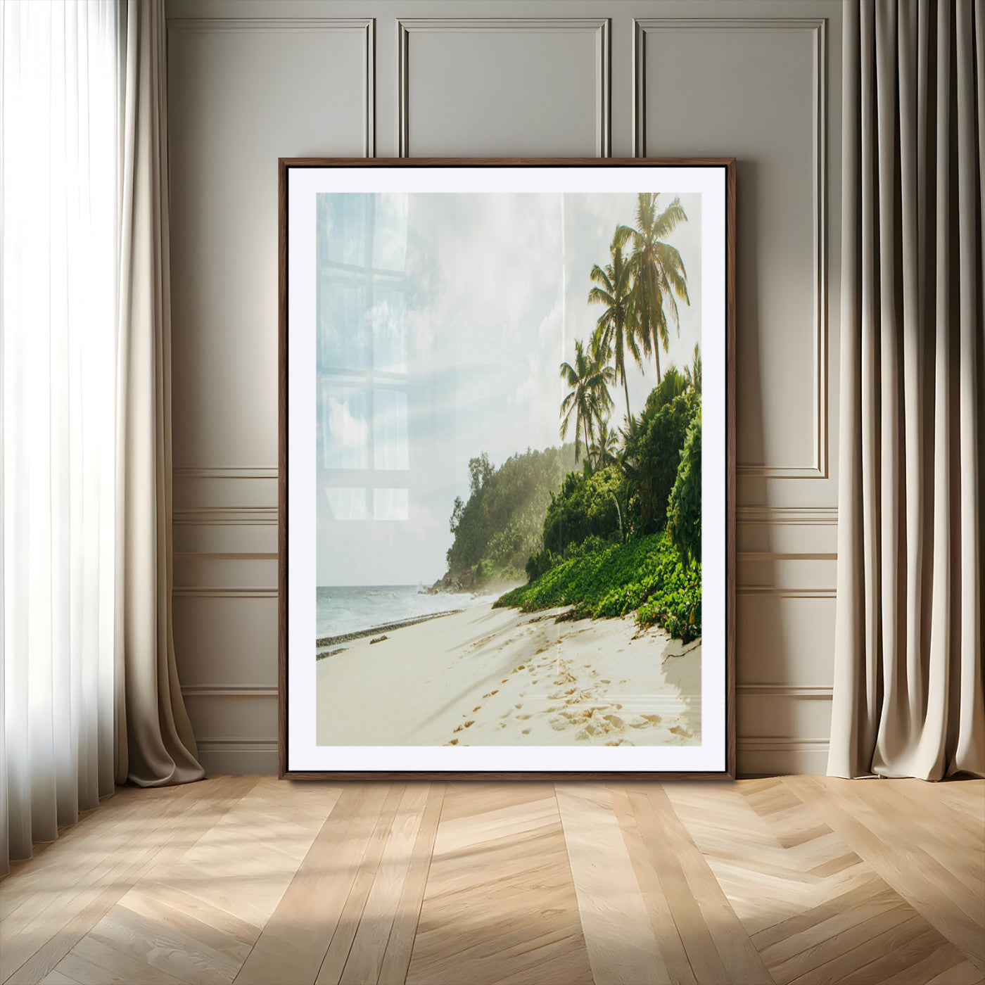 A tropical beach with palm trees, soft sand, and ocean waves under a bright sky, creating a peaceful and relaxing coastal view.
