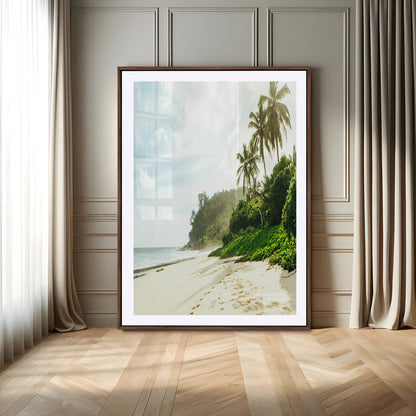 A tropical beach with palm trees, soft sand, and ocean waves under a bright sky, creating a peaceful and relaxing coastal view.