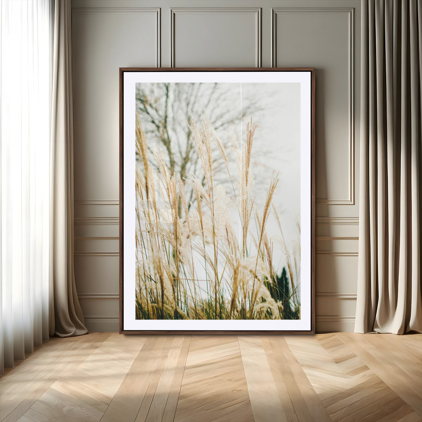 Soft beige pampas grass swaying in the breeze against a muted sky, creating a tranquil and minimalist botanical aesthetic.