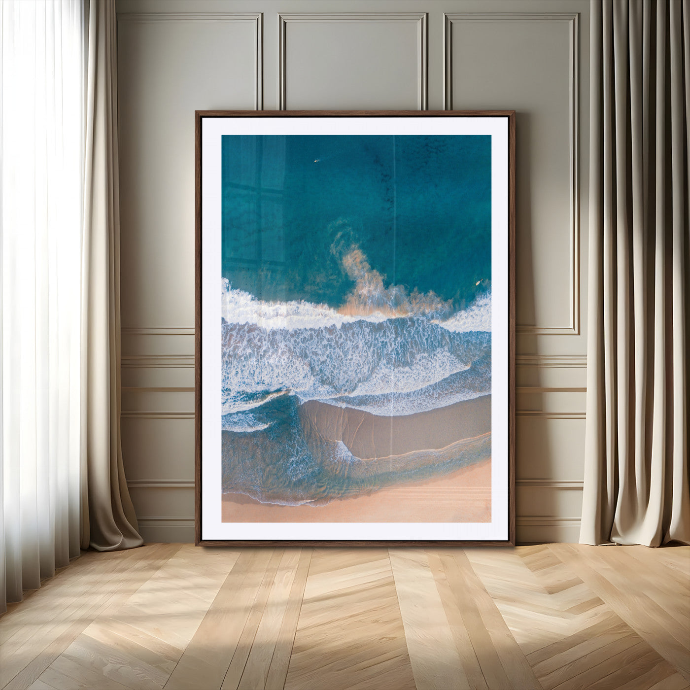 97740681-MGC-FP-24x36_Walnut-Aerial Beach View Wall Art Canvas Print, Framed Ocean Waves Art Picture Print, Coastal Serenity Perfect Coastal Minimalist Decor Artwork