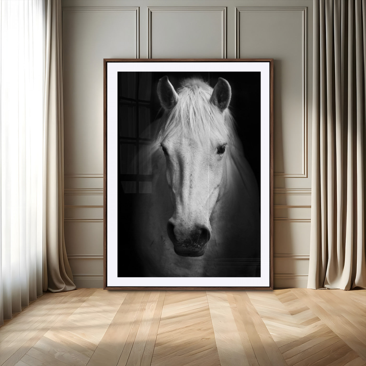 Large Wall Art White Horse on Black Background Canvas Print