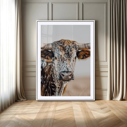 Canvas of a speckled Texas longhorn with wide curved horns and warm tones, perfect for rustic or country-style wall decor.