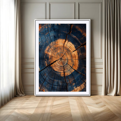 Close-up canvas of tree rings with burnt orange and deep blue tones, perfect for rustic or earthy-themed home decor.