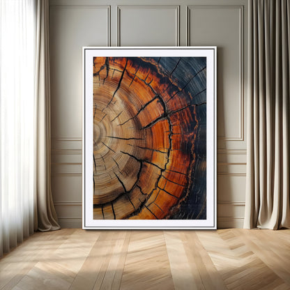 Framed canvas of burnt tree rings with rich wood texture and warm tones, ideal for rustic or earth-inspired interior decor.