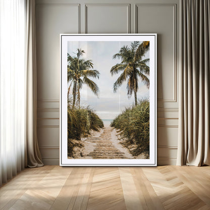 Canvas wall art of a tropical beach path with palm trees and dune grass, ideal for coastal entryways or tropical-inspired home decor.