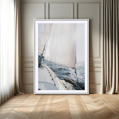 Canvas of a sailboat gliding on a sunlit ocean with white sails and sparkling water, ideal for coastal minimalist or nautical-style home decor.