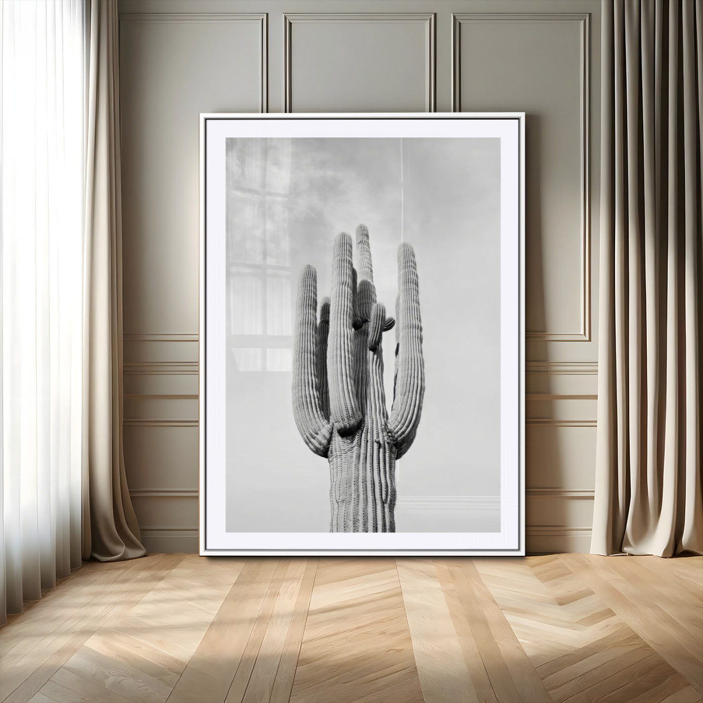 Canvas of a tall saguaro cactus in black and white with moody tones, perfect for southwestern minimalist or modern desert-themed home decor.